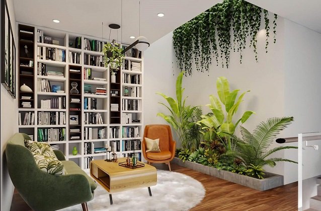 phòng đọc sách phong cách nhiệt đới xanh tốt