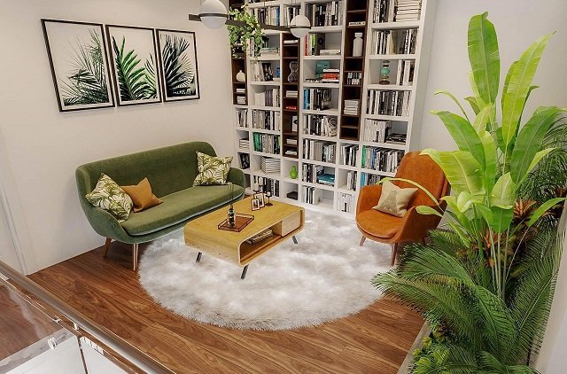 phòng đọc sách đẹp với giá kệ cao kịch trần, sofa màu xanh lá, tranh tường, chậu cảnh xanh tốt