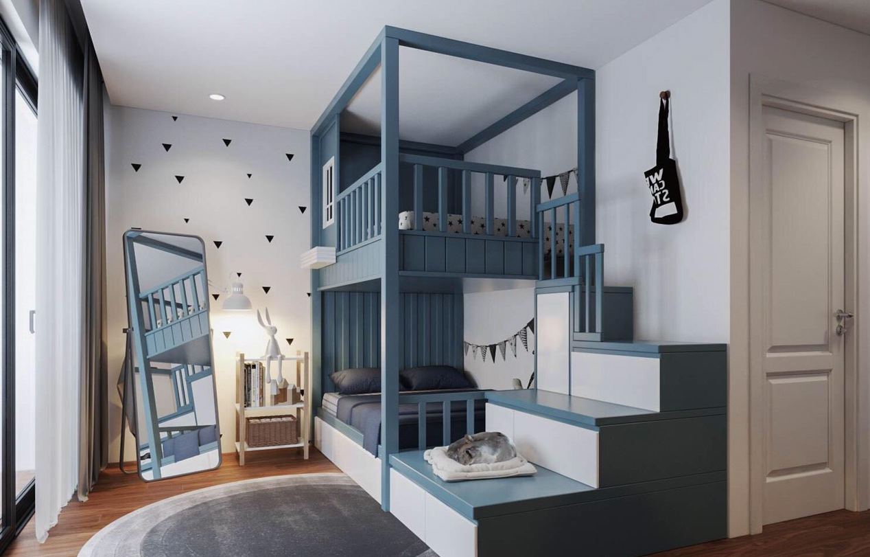 Thiết kế nội thất phòng ngủ trẻ em đẹp mê mẩn với giường tầng màu xanh lam, thảm trải mềm mại, giấy dán tường họa tiết hình học bắt mắt.