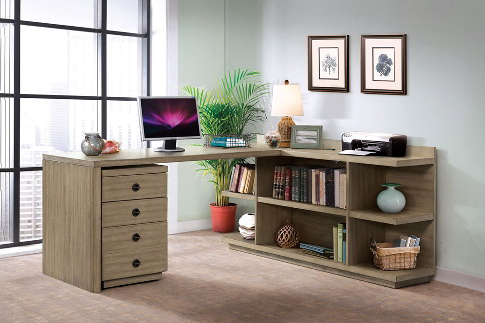 mẫu bàn góc dành cho văn phòng với tủ ngăn kéo tích hợp, cây xanh trang trí