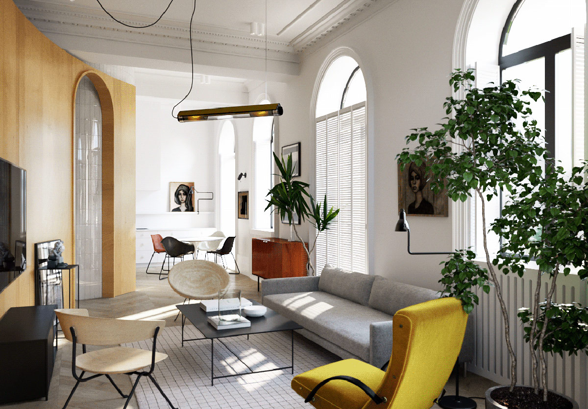 hình ảnh toàn cảnh phòng khách căn hộ hiện đại với ghế sofa màu vàng chanh nổi bật