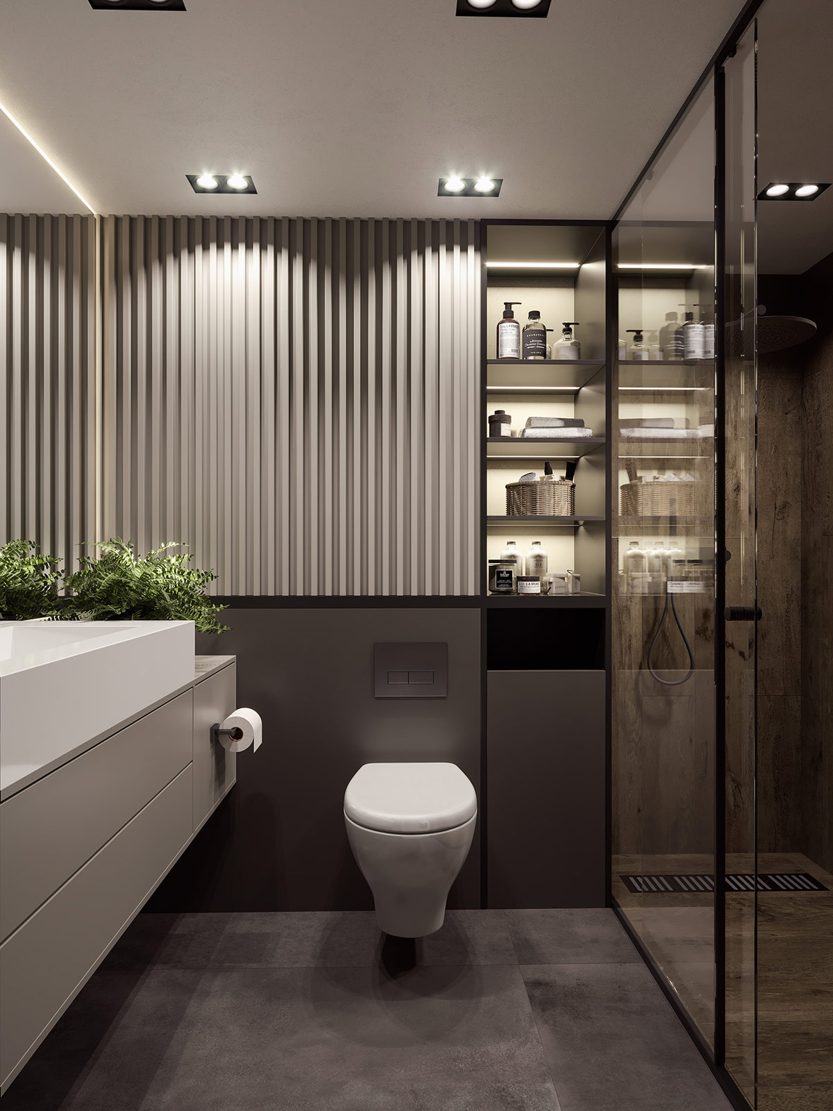 Hệ kệ mở âm tường giúp cất gọn những vật dụng cá nhân và đồ dùng phòng tắm.