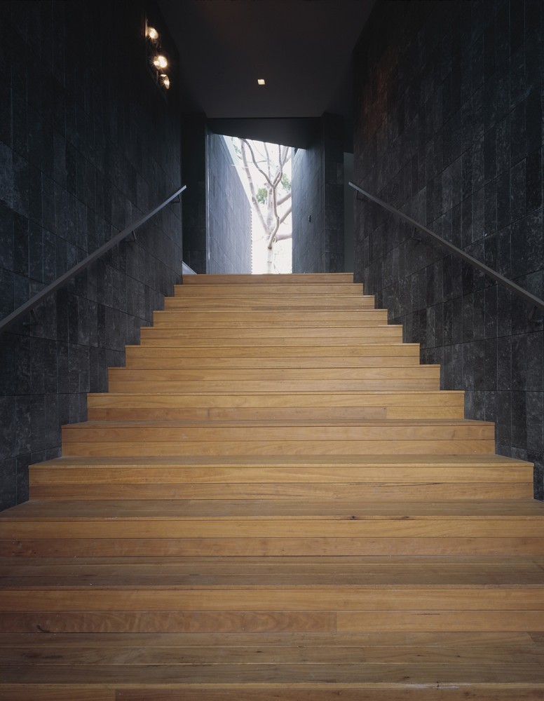 Tường ốp gạch màu xám đen giúp gia tăng chiều sâu cho khu vực cầu thang.