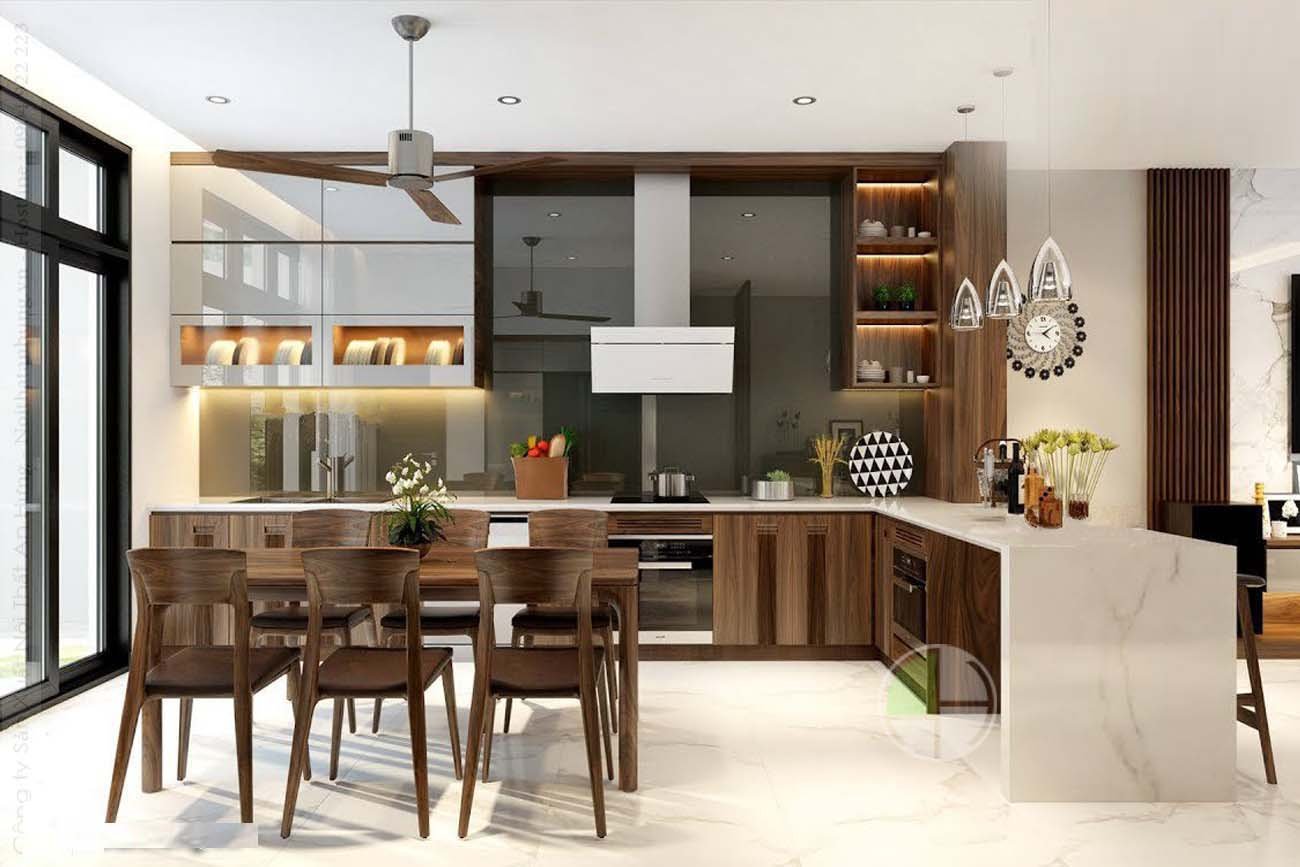 Phòng bếp kết hợp không gian ăn uống ấm cúng, tiện nghi với nội thất gô sẫm màu kết hợp cất liệu đá cẩm thạch màu trắng sang trọng.