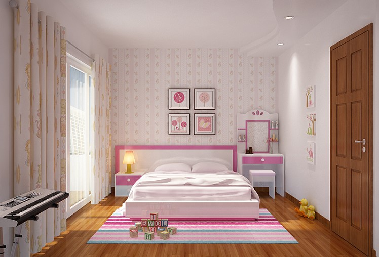 Khu vực giường ngủ con gái với sắc hồng lãng mạn, nổi bật trên phông nền trung tính chủ đạo. Căn phòng đủ rộng để bố trí các tiện ích cơ bản khác như bàn trang điểm, góc thư giãn.