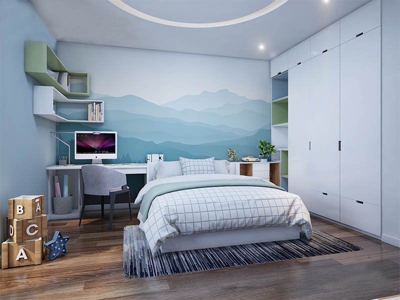 Không gian riêng tư của cậu con trai gây ấn tượng với tranh tường đầu giường theo chủ đề phong cảnh núi non trùng điệp.