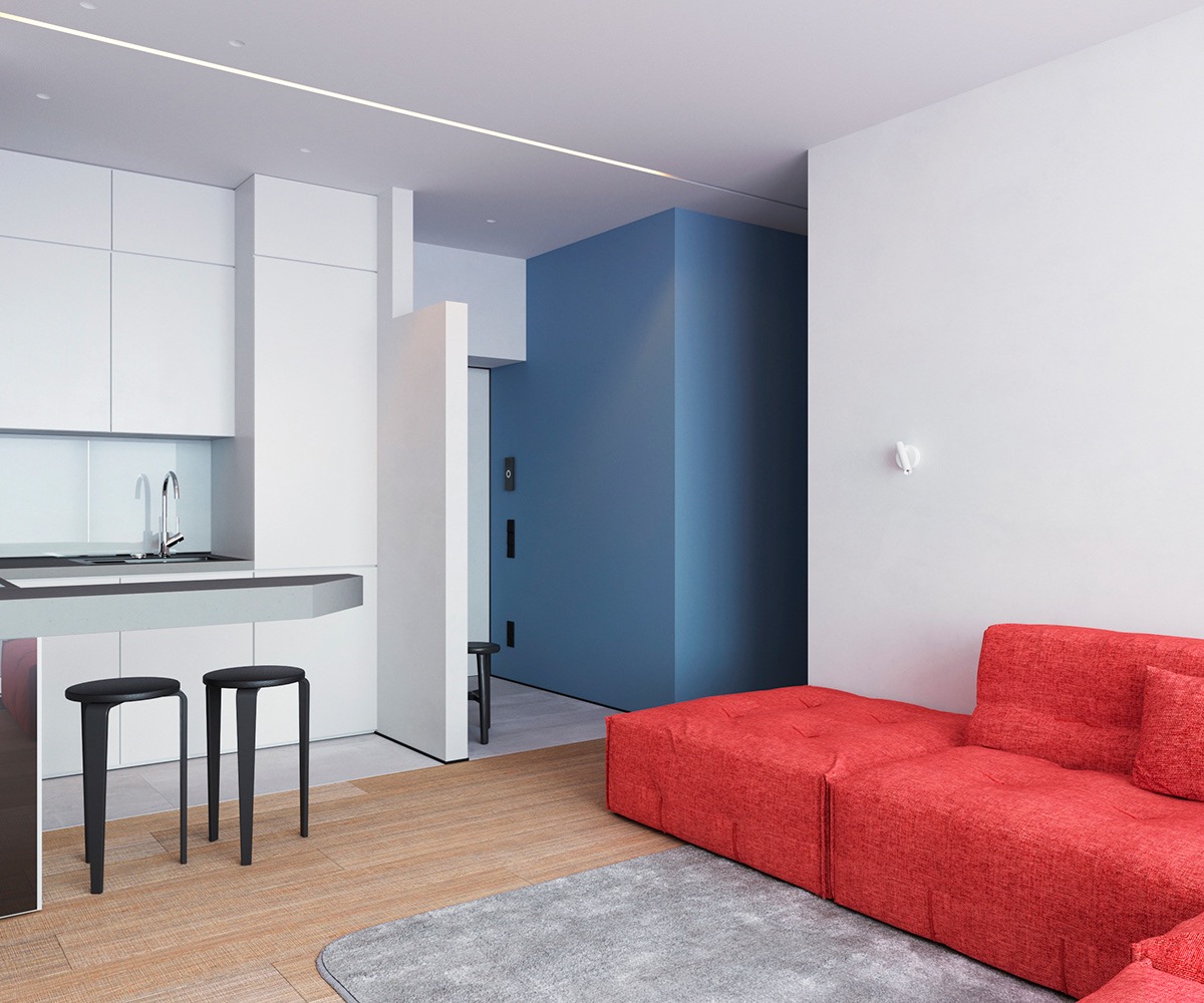 Sắc đỏ cam và xanh dương tạo cảm giác tươi mới, sinh động hơn cho không gian nội thất phong cách tối giản "less is more".