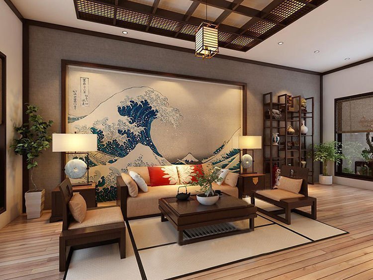 phòng khách ngôi nhà Nhật sử dụng nội thất gỗ, tranh tường lớn họa tiết núi non trùng điệp