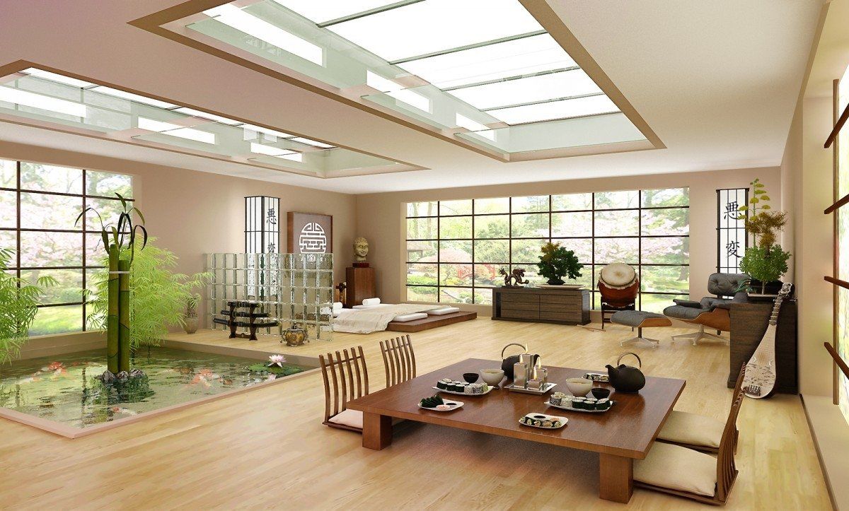 phòng khách với bàn trà thấp, hồ nước nhỏ, cây xanh, đệm ngồi, cửa sổ kính