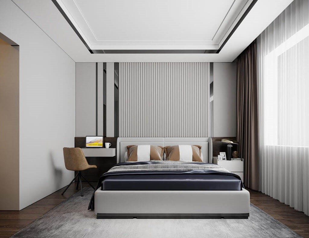 Không gian nội thất phòng ngủ master sang trọng với thiết kế hiện đại.