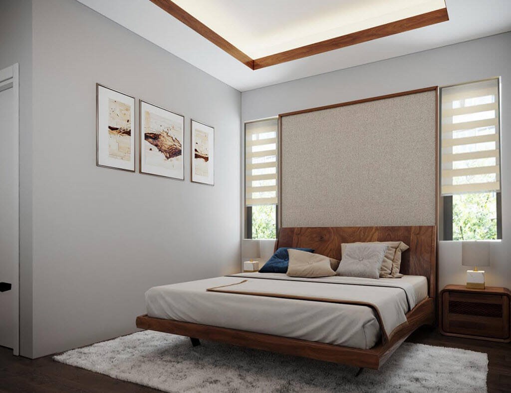 phòng ngủ nhỏ với giường gỗ sồi tự nhiên