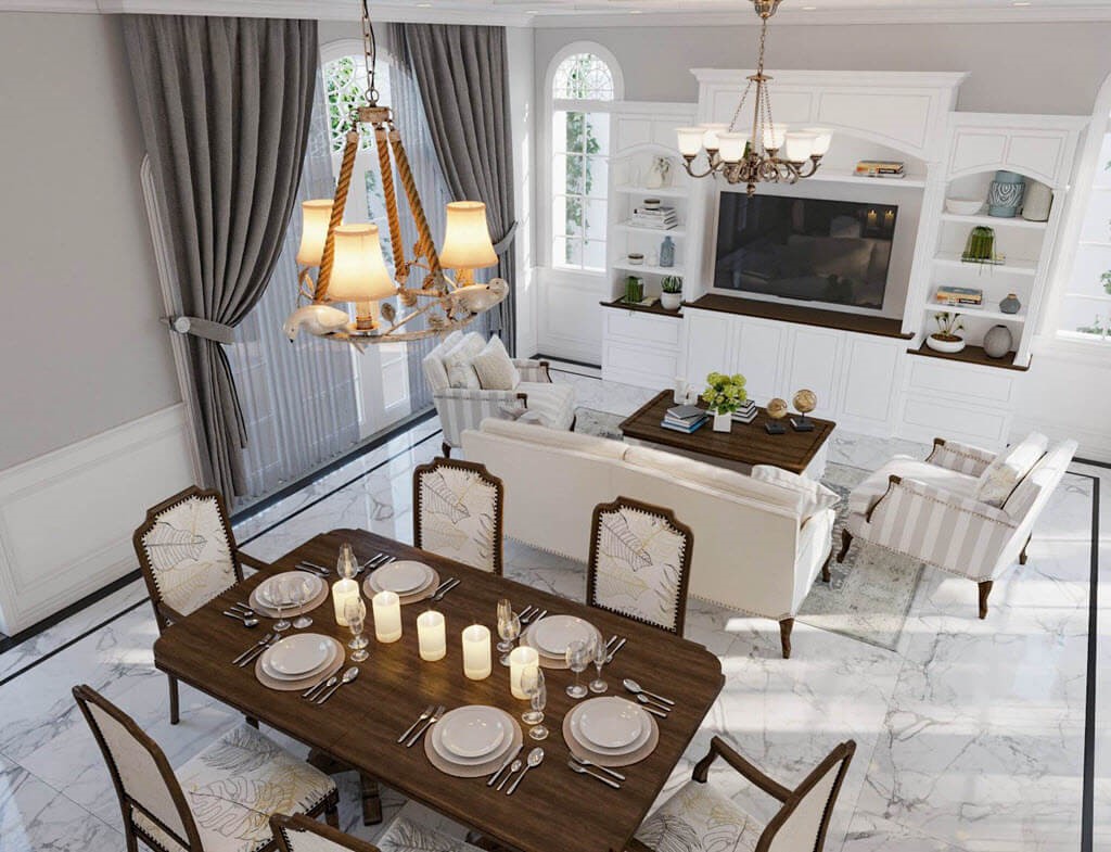Không gian nội thất phòng khách kết hợp bếp và bàn ăn theo phong cách tân cổ điển sang trọng, nhưng vẫn rất ấm cúng.