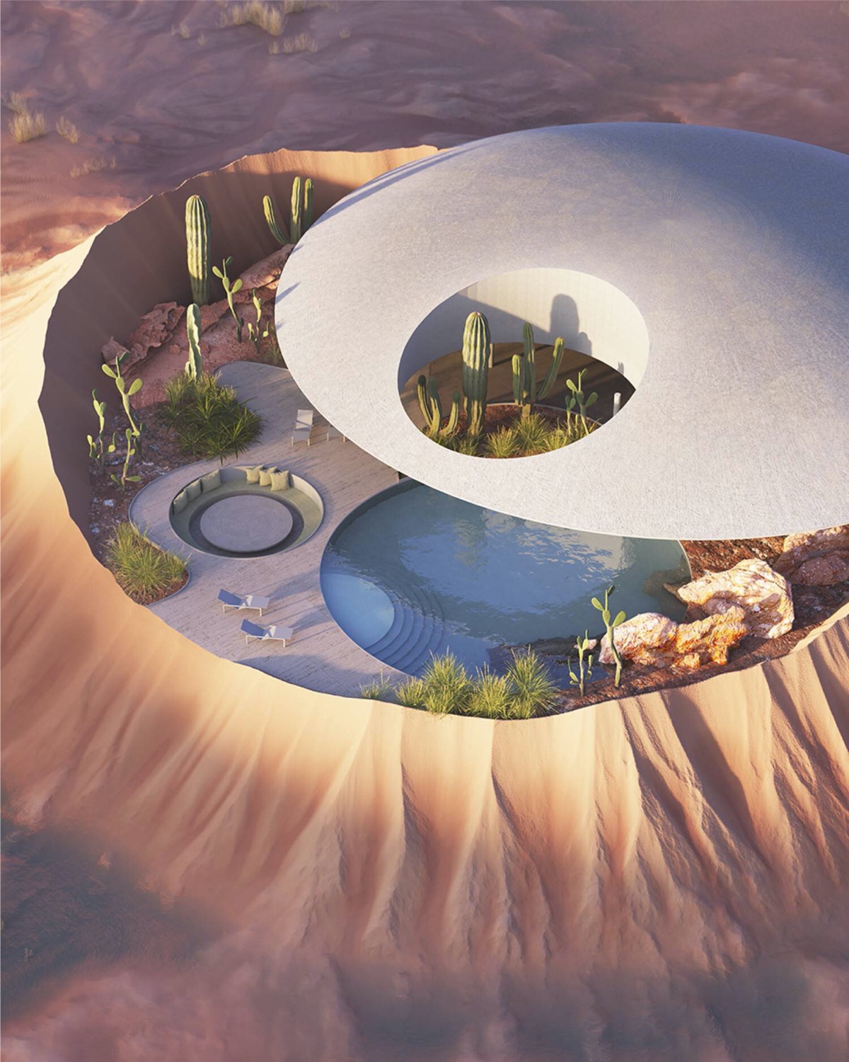 hình ảnh ngôi nhà như nằm bên trong một miệng núi lửa khổng lồ trên sa mạc