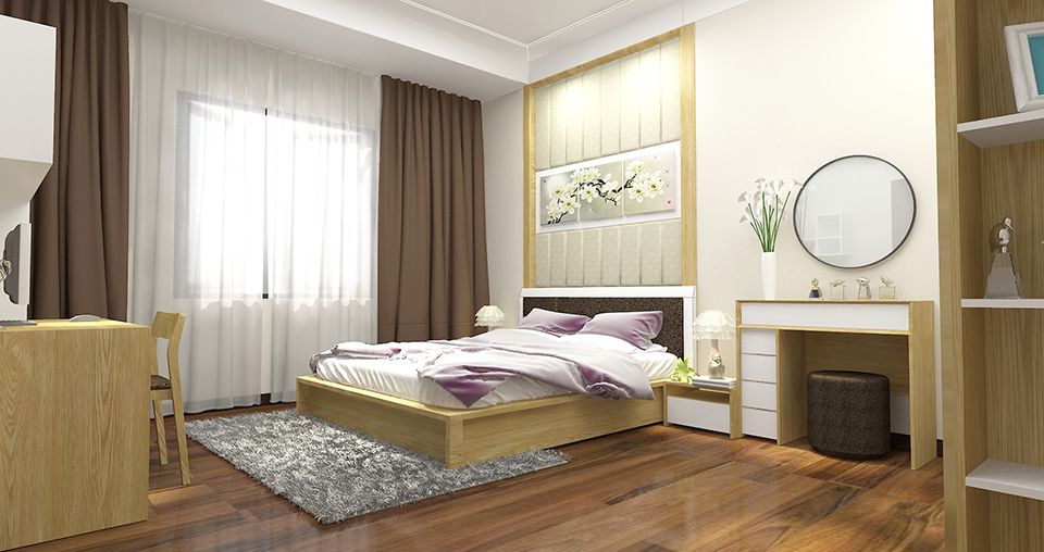 phòng ngủ master với nội thất gỗ, gương tròn, cửa sổ kính, rèm hai lớp, tranh hoa mai đầu giường