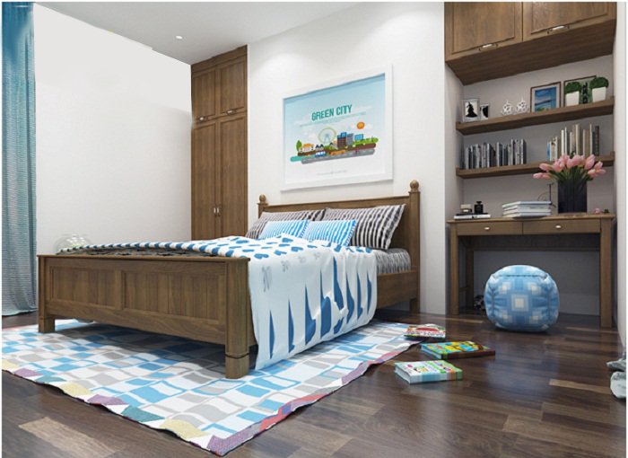 Phòng ngủ cho cậu con trai út có thiết kế đơn giản với sắc xanh dương tạo điểm nhấn trẻ trung, sinh động trên nền trắng và nâu gỗ chủ đạo.