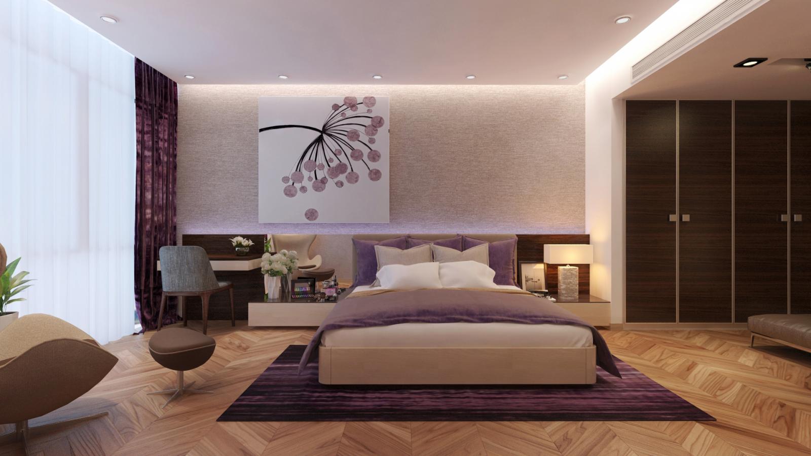 Mẫu thiết kế nội thất phòng ngủ rộng rãi dành cho cô con gái lớn với tông màu tím oải hương nhẹ nhàng, lãng mạn.