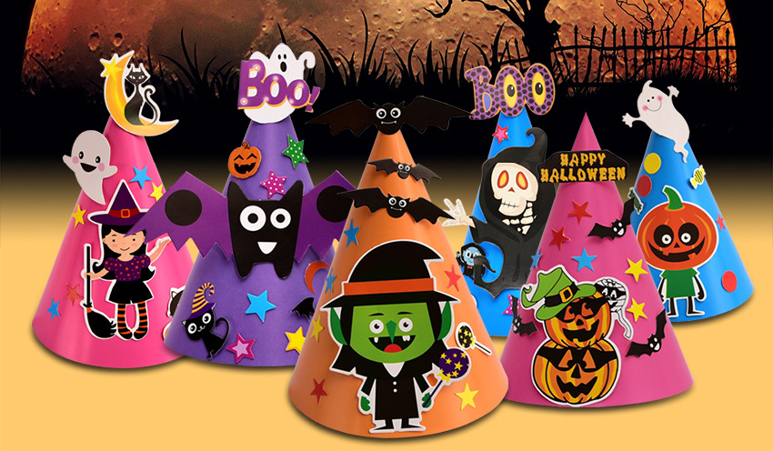 mũ giấy trang trí nhà đón Halloween màu sắc rực rỡ