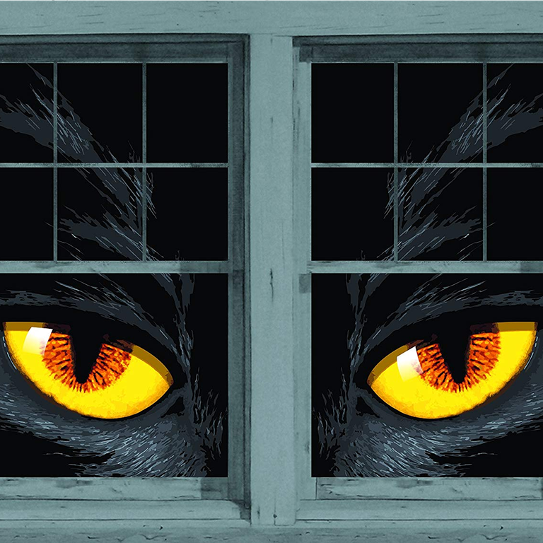 cận cảnh cửa sổ dán áp phích mắt mèo khổng lồ