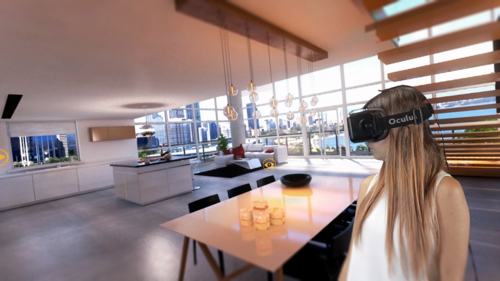 hình ảnh cô gái sử dụng công nghệ thực tế ảo để trải nghiệm không gian trong căn hộ mình định mua