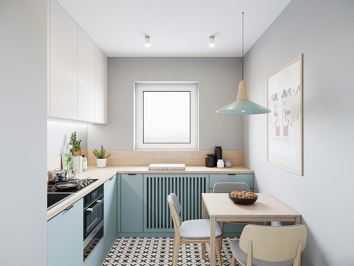 Phòng bếp - ăn hình chữ L là một khung cảnh màu xanh dịu nhẹ khác, với chụp đèn thả mặt dây chuyền màu xanh nhạt hài hòa.