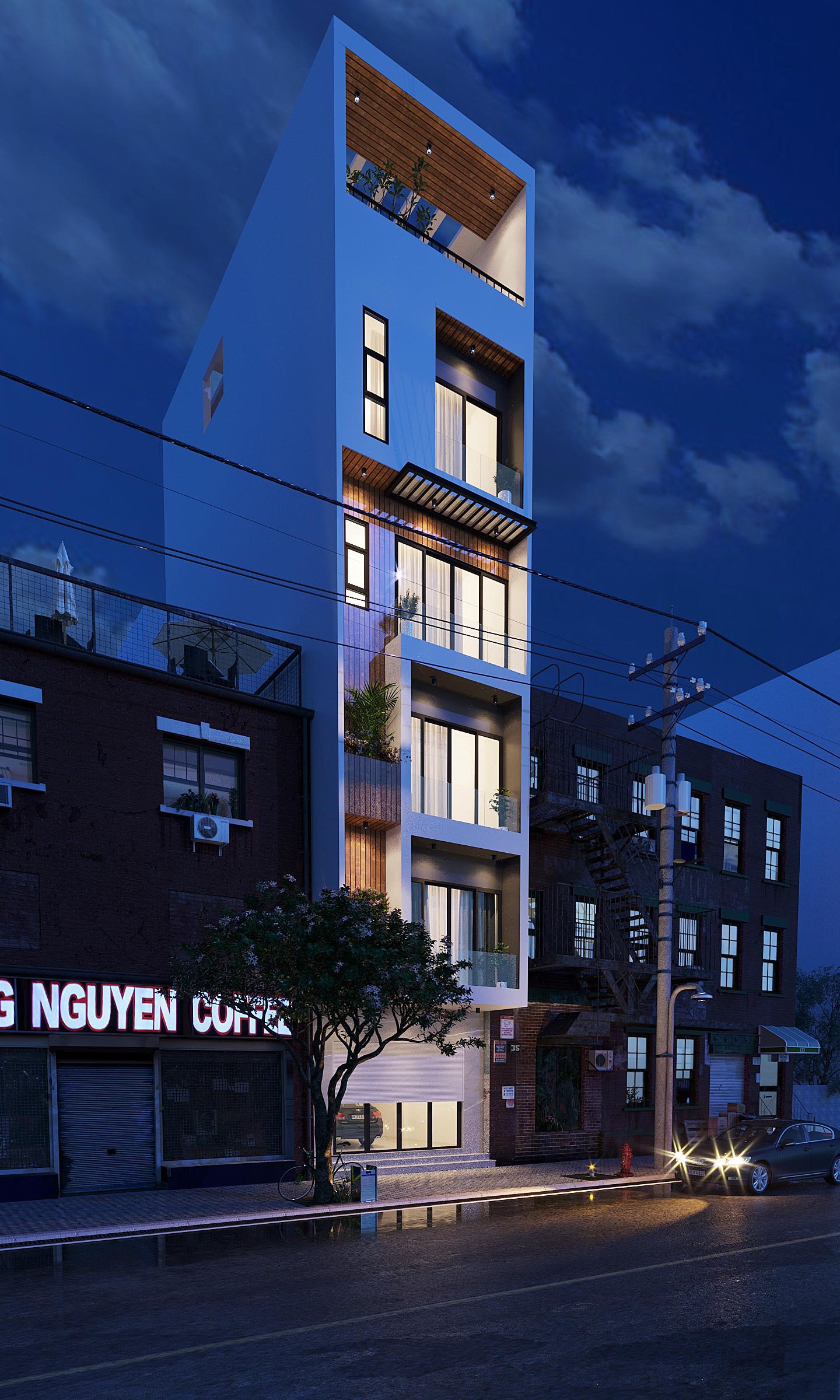 hình ảnh nhà phố 6 tầng về đem với ánh đèn rực rỡ