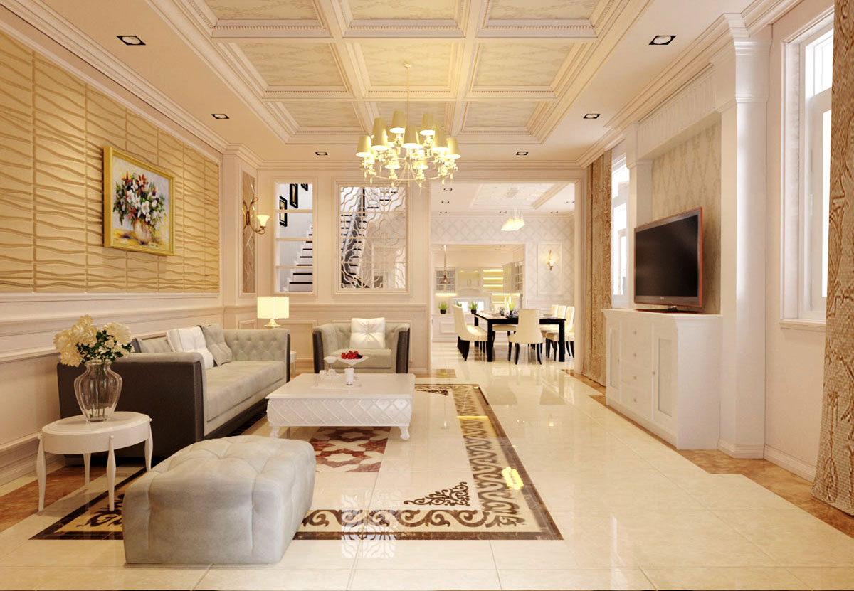 Phòng khách biệt thự phong cách tân cổ điển sang trọng với tông màu trắng - kem chủ đạo.