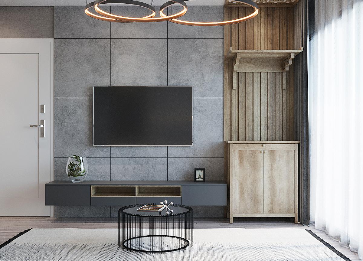 thiết kế nội thất chung cư mini phong cách tối giản với tường ốp gạch màu xám