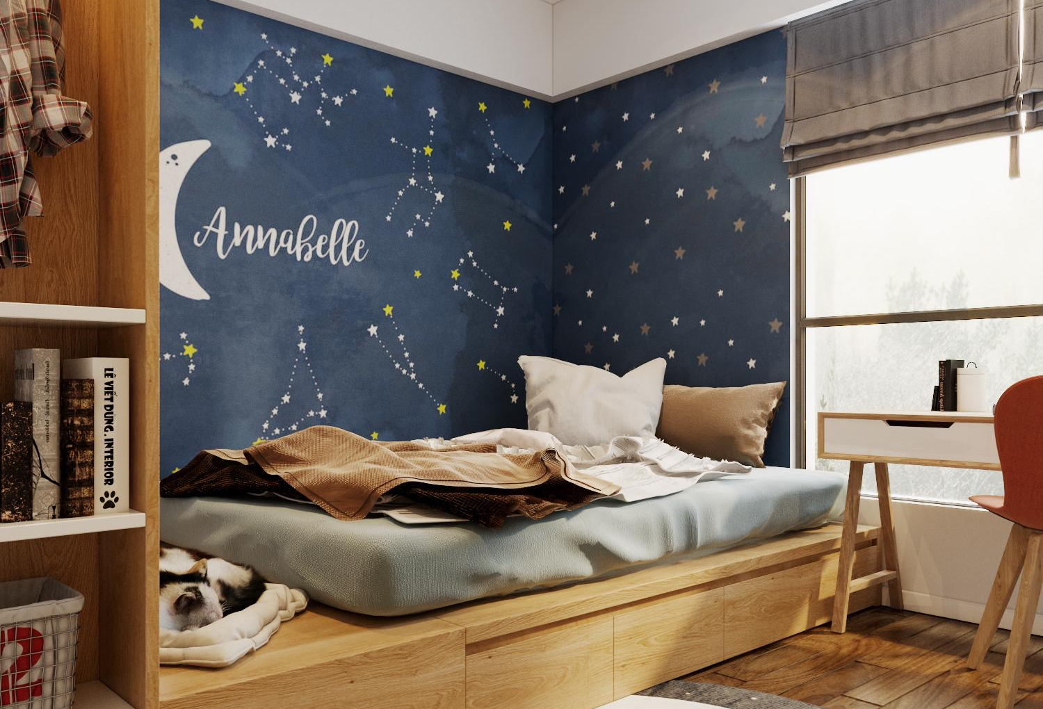 phòng ngủ với giường thấp sàn, tủ ngăn kéo, bàn học, tranh tường các chòm sao