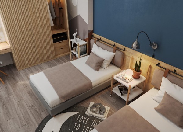Phòng ngủ căn hộ hiện đại với sắc nâu - trắng tạo cảm giác thư giãn, dễ chịu.