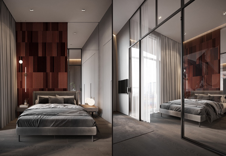 Các tấm kết cấu tạo nên một bức tường đặc trưng của phòng ngủ phong cách tối giản.