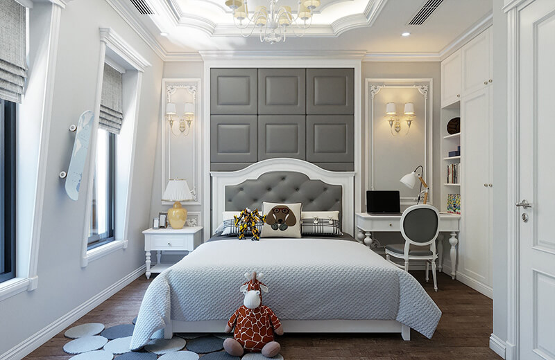 hình ảnh phòng ngủ phong cách sang trọng, tông màu xám trắng chủ đạo