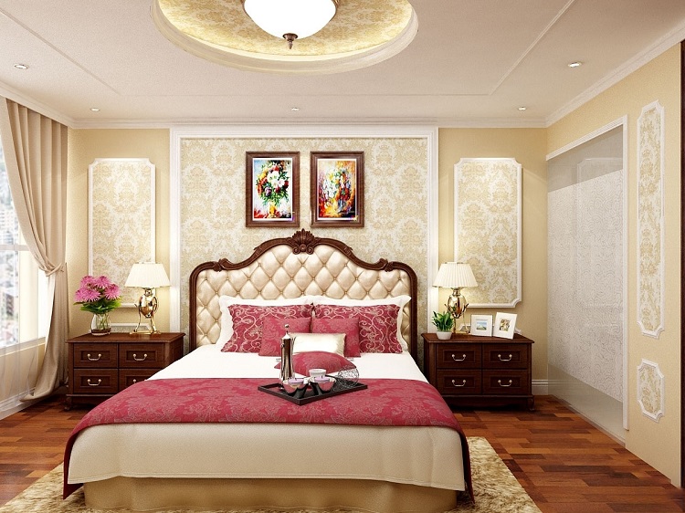 Phòng ngủ master của vợ chồng gia chủ là sự kết hợp hài hòa giữa hai phong cách nội thất cổ điển và Luxury quyến rũ.