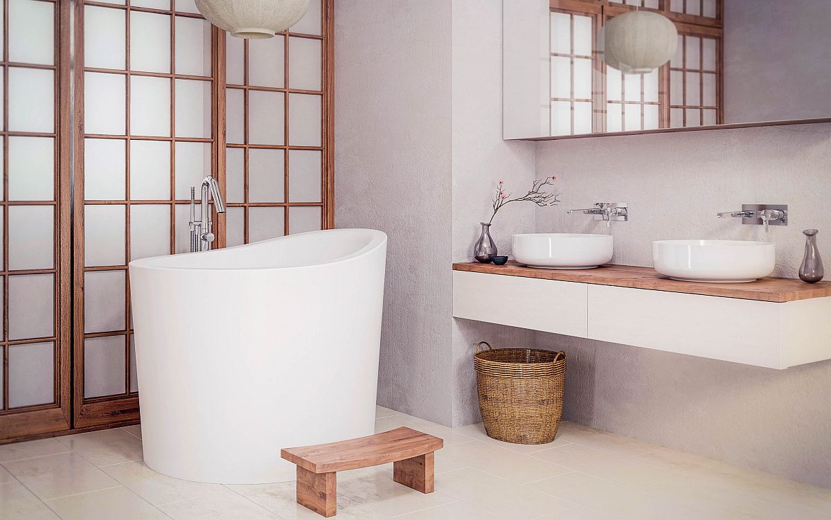 Bồn ngâm sâu phong cách châu Á màu trắng cho phòng tắm có phong cách tương tự.