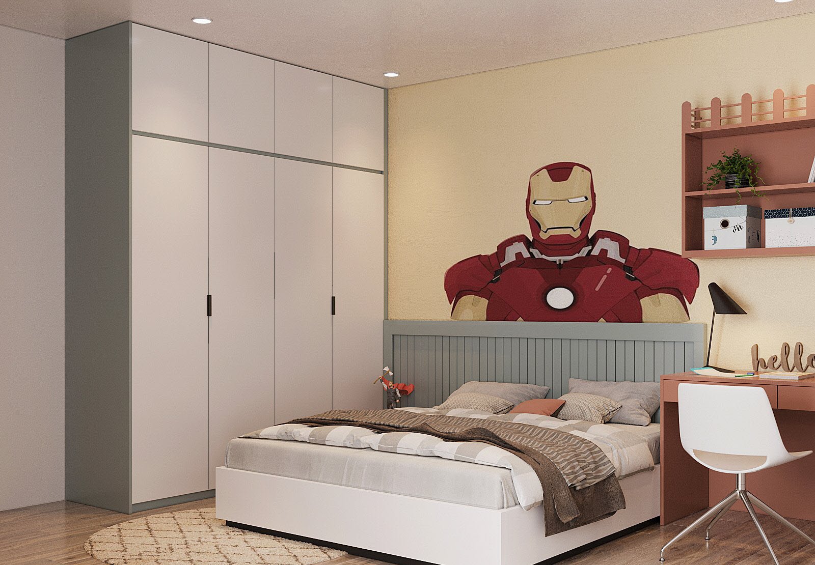 hình ảnh phòng ngủ của trẻ với tủ quần áo màu trắng cao kịch trần, tường đầu giường vẽ hình siêu nhân màu đỏ