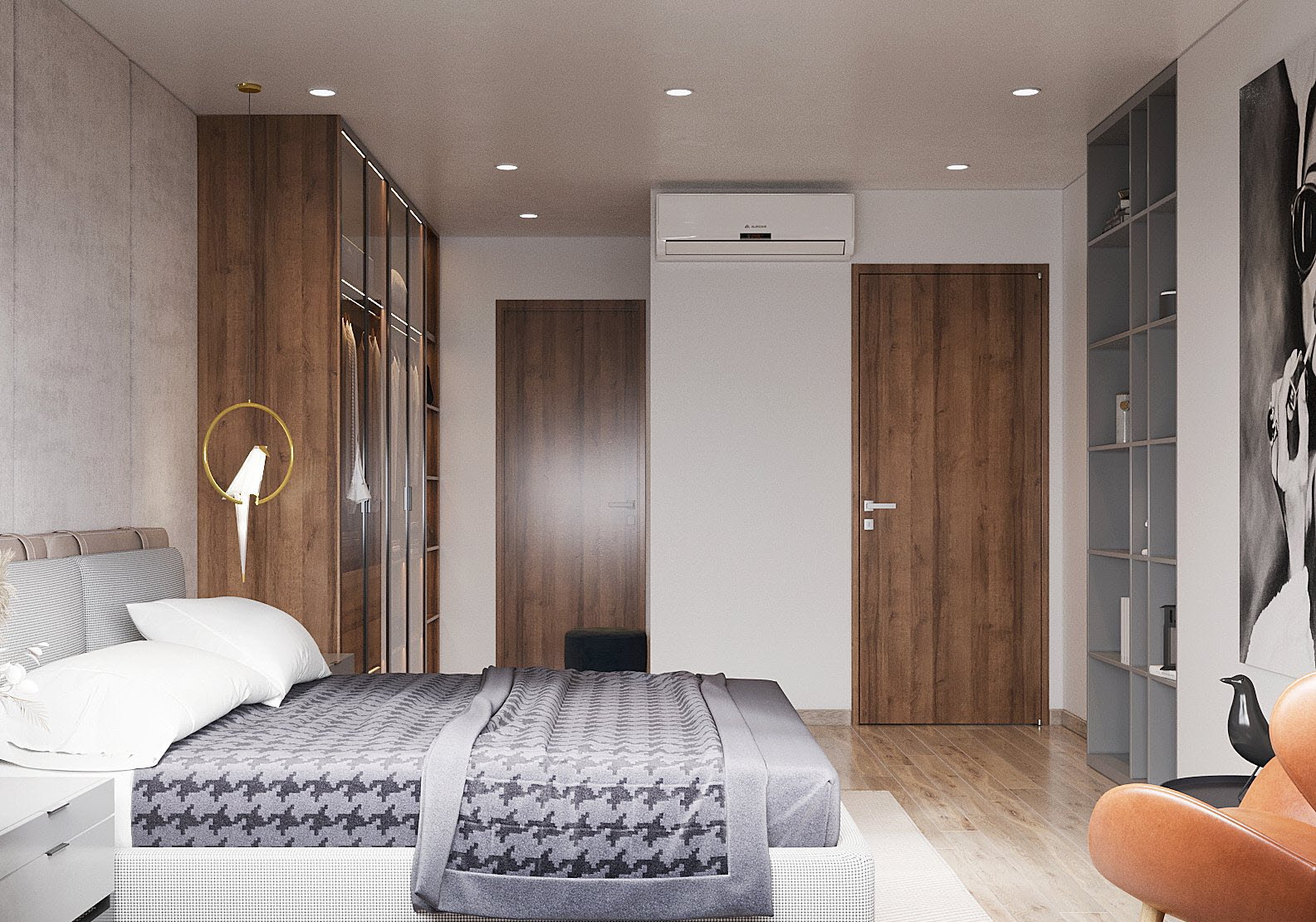 phòng ngủ với sự phối kết giữa 3 tông màu chủ đạo trắng - xám - nâu gỗ mang đến bầu không khí thư giãn, dễ chịu cho người ngủ trong phòng.