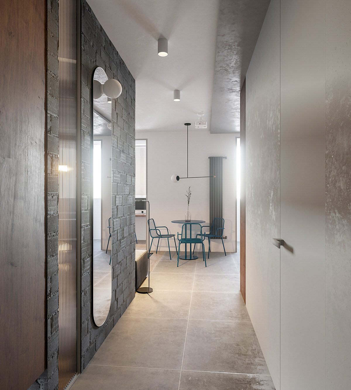 Các mảng gạch lộ ở hành lang căn hộ bổ sung kết cấu sắc nét, giúp gia tăng chiều sâu cho không gian nhỏ hẹp.