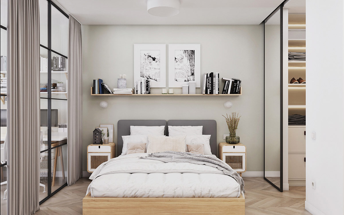 Những tấm rèm màu be nhã nhặn đảm bảo tính riêng tư thiết yếu cho gia chủ. Nội thất phòng ngủ gỗ sồi tạo sự gắn kết với nội thất phòng khách ngay cạnh.