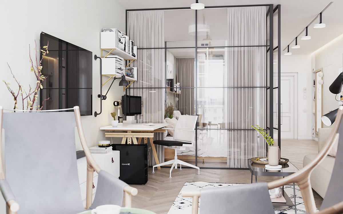 Không gian làm việc tại nhà được bố trí đối diện với bên ngoài của phòng ngủ bằng kính, thiết lập sự phân chia trực quan giữa các khu vực chức năng trong căn hộ 59m2.