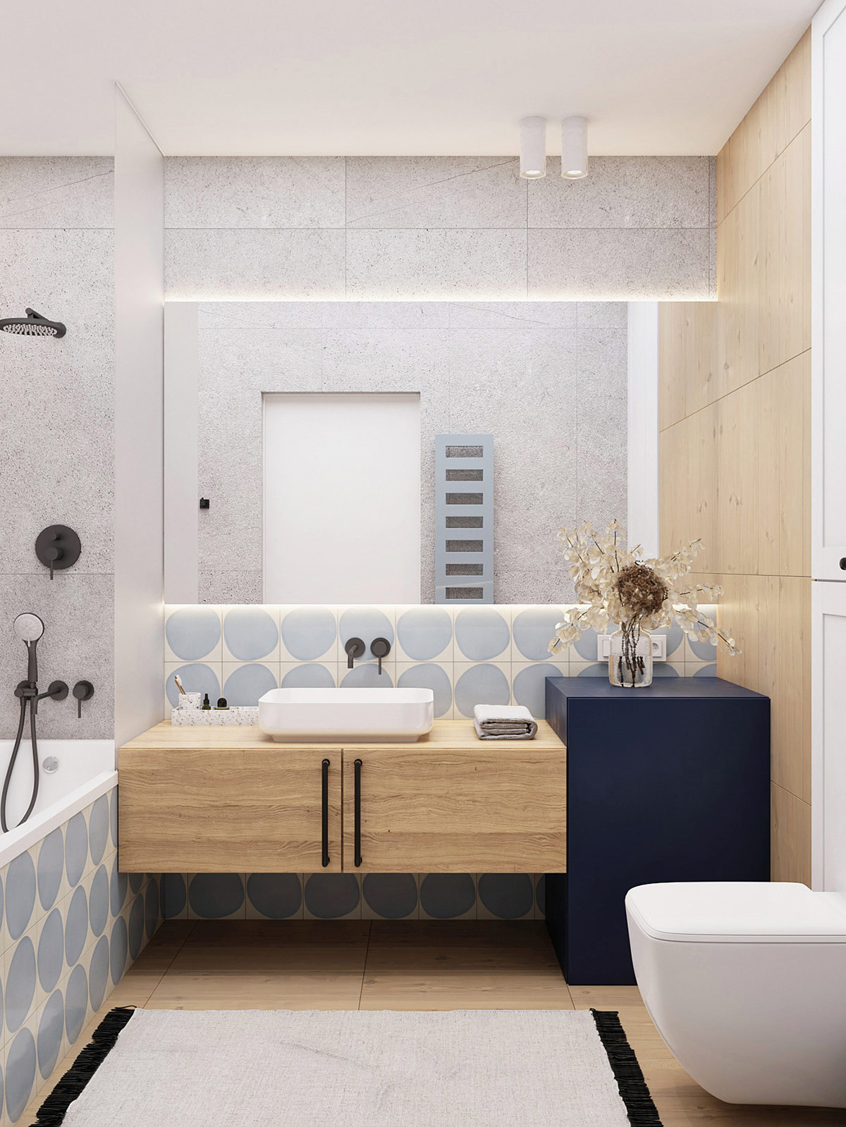 Bệ bồn rửa bồn rửa mặt phòng tắm tông màu gỗ ấm áp, hài hòa với khối điểm nhấn màu xanh đậm bên cạnh.