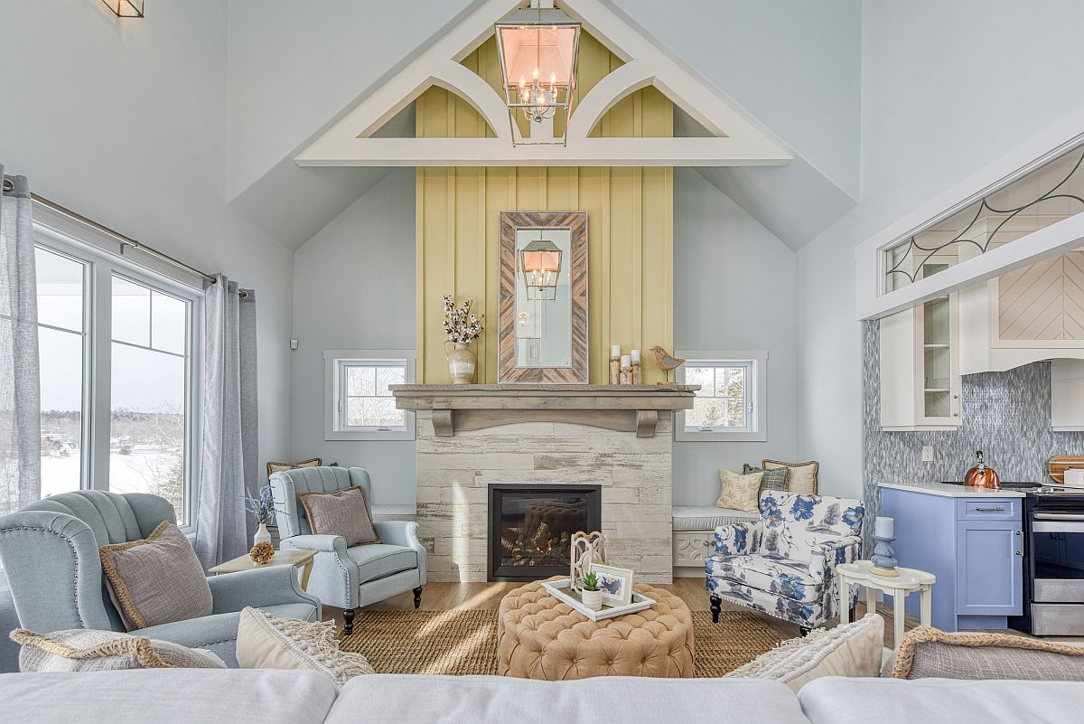 Trang trí phòng khách mùa đông với tông màu trắng và xanh nhạt nhẹ nhàng.