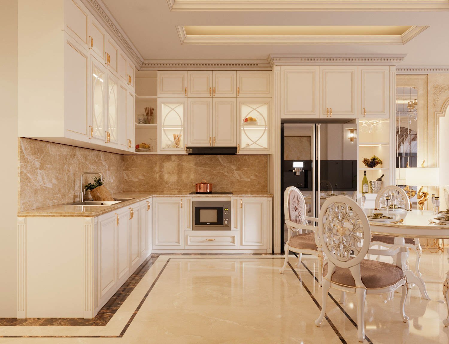 Không gian bếp kết hợp phòng ăn được bài trí với nội thất tông màu vàng, trắng chủ đạo. Tường ngăn phòng "biến mất" tạo cảm giác rộng rãi, thoáng sáng hơn.