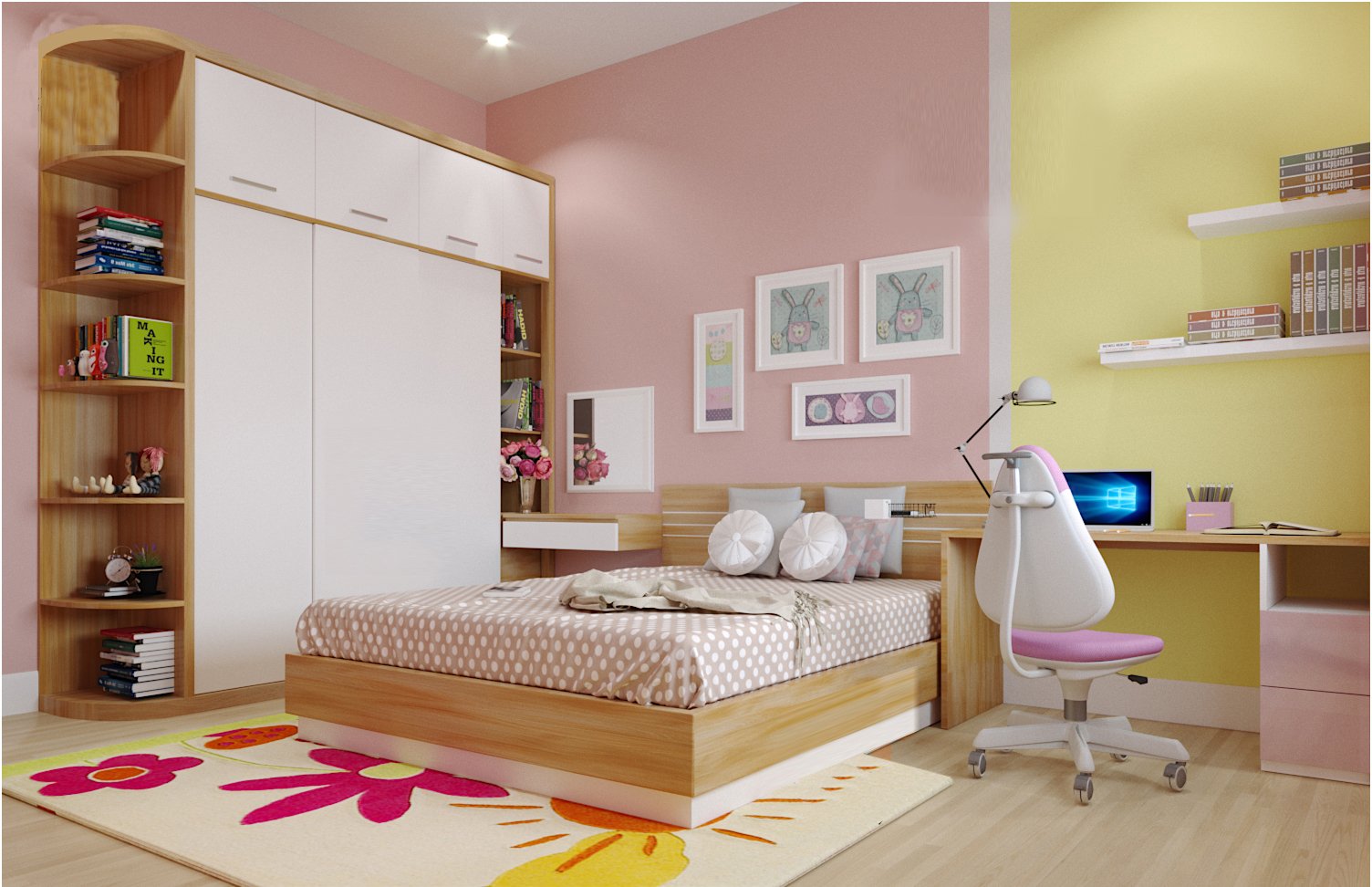 Với ba tông màu hồng pastel - trắng - vàng bơ chủ đạo, phòng ngủ con gái toát lên vẻ ngọt ngào, lãng mạn - hẳn sẽ khiến bé thích mê.