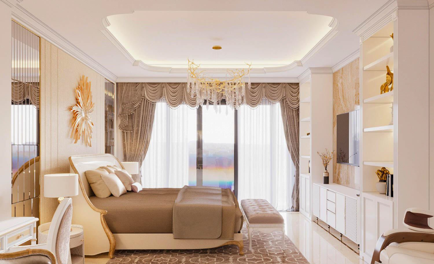 phòng ngủ tân cổ điển với cửa sổ lớn, rèm cửa màu be, đèn chùm và họa tiết mặt trời trang trí đầu giường