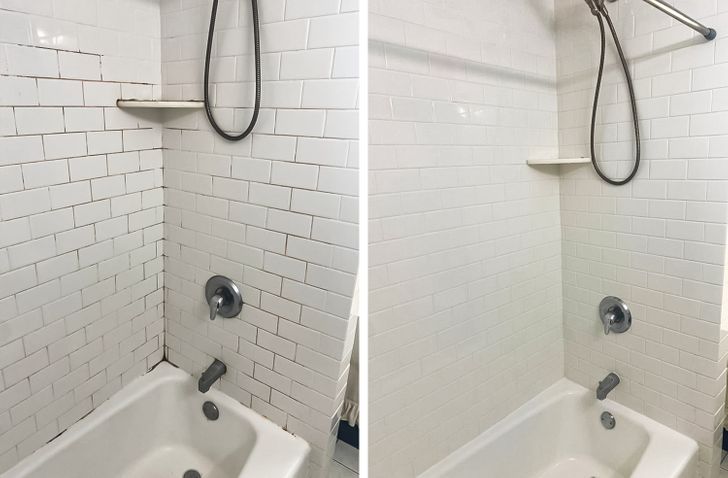 góc phòng tắm với bồn tắm nằm, vòi hoa sen, kệ góc, gạch ốp tường màu trắng