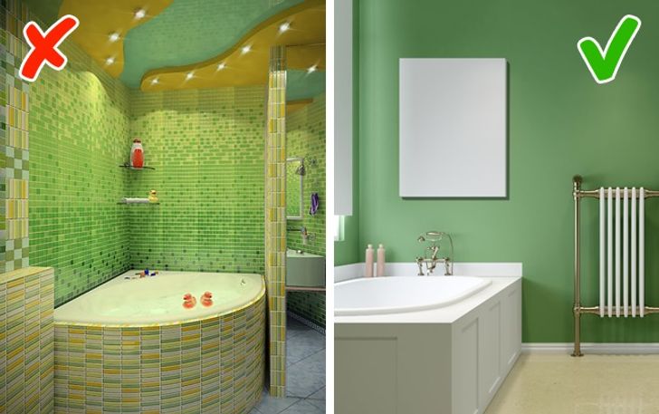 hình ảnh phòng tắm màu xanh lá chủ đạo theo phong cách truyền thống rườm rà, rối mắt và phòng tắm phong cách tối giản, thoáng đẹp