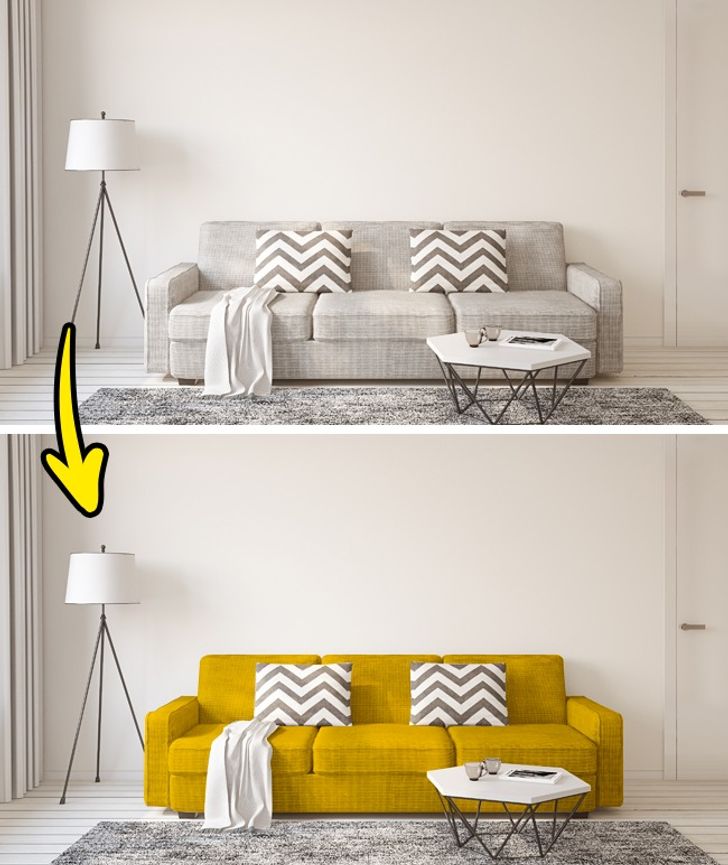 hình ảnh phòng khách màu trắng xám không có điểm nhấn và phòng khách có điểm nhấn là ghế sofa màu vàng chanh tươi sáng