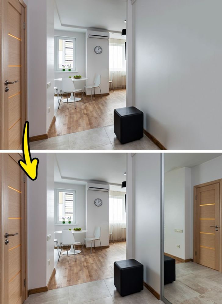 hình ảnh căn phòng trước và sau khi sử dụng gương lớn để nhân đôi không gian 