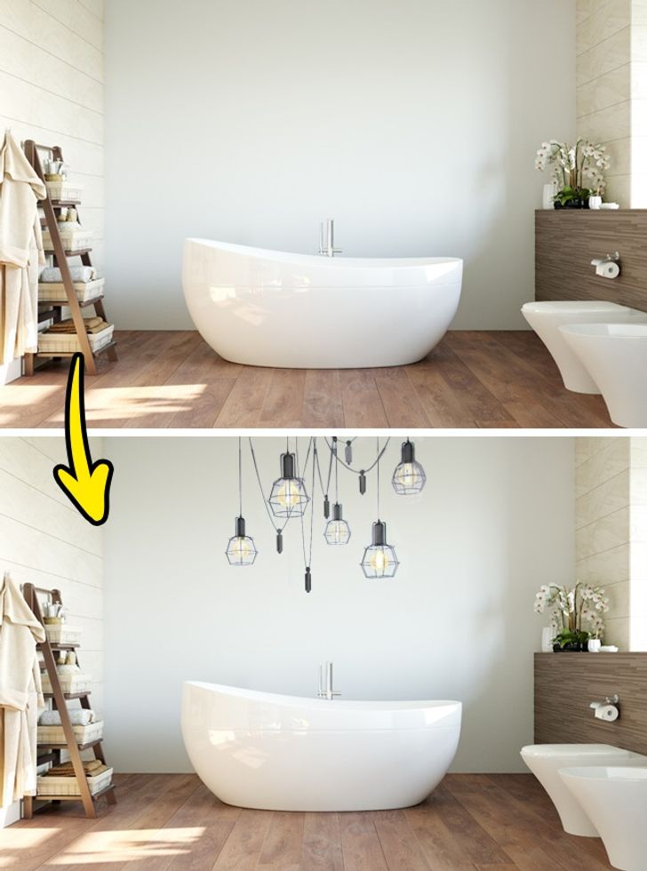 hình ảnh phòng tắm trước và sau khi sử dụng bộ đèn thả kiểu dáng hiện đại làm điểm nhấn