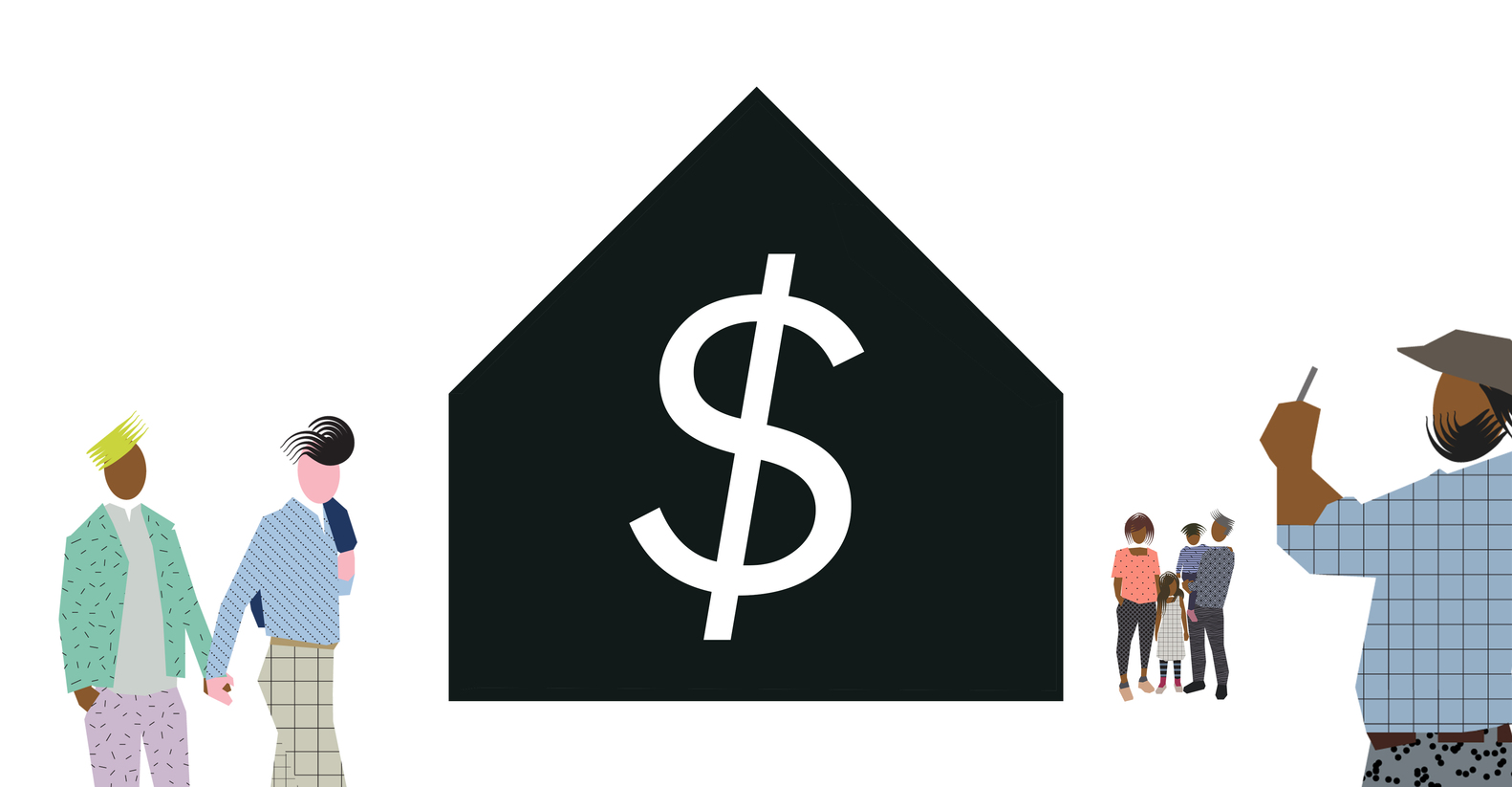 hình ảnh mô hình ngôi nhà màu đen, ký hiệu đô la, xung quanh là hình người hoạt hình tượng trưng cho việc tìm mua nhà ở