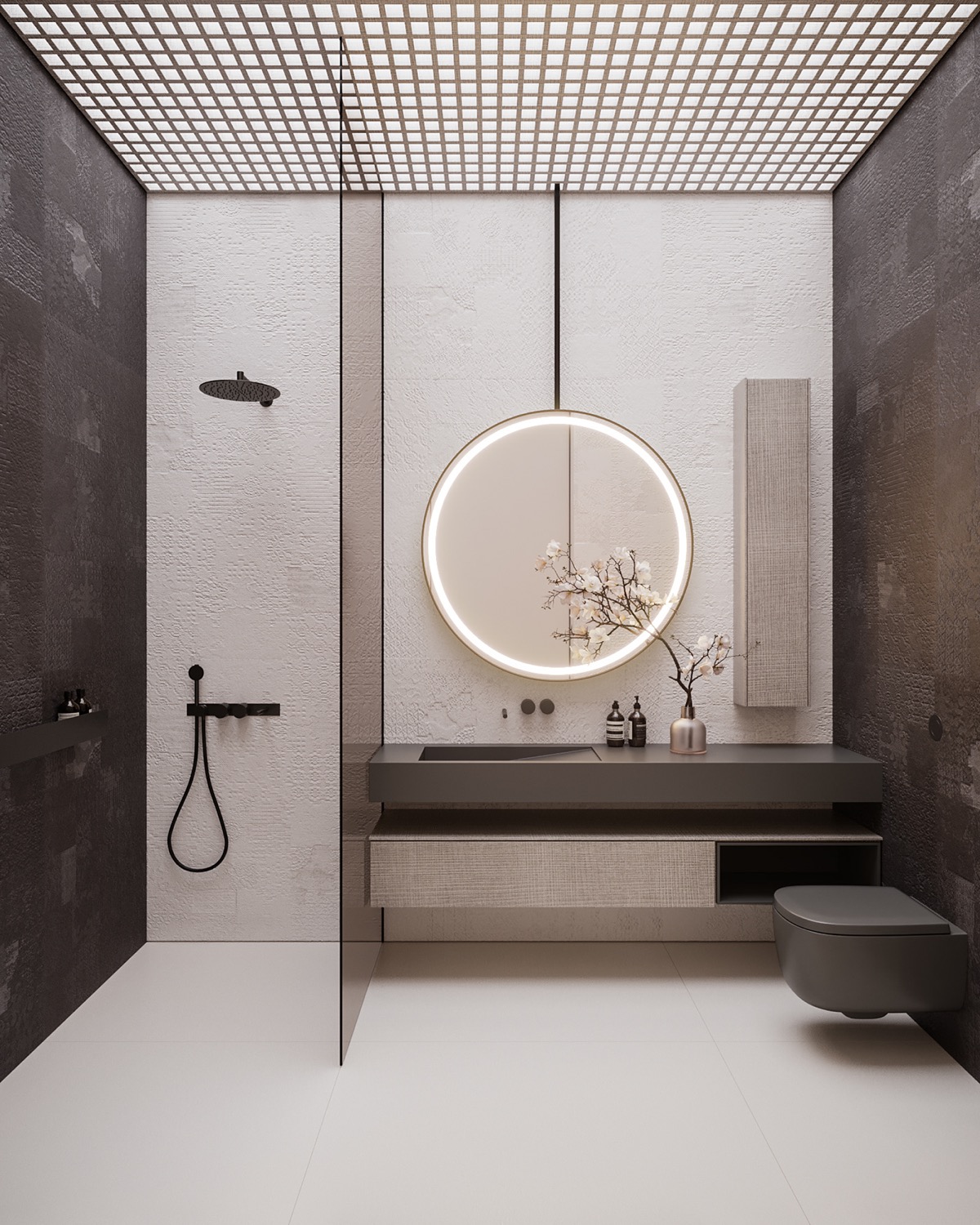 Gương tròn kết hợp đèn LED tạo tiêu điểm ấn tượng cho phòng tắm.